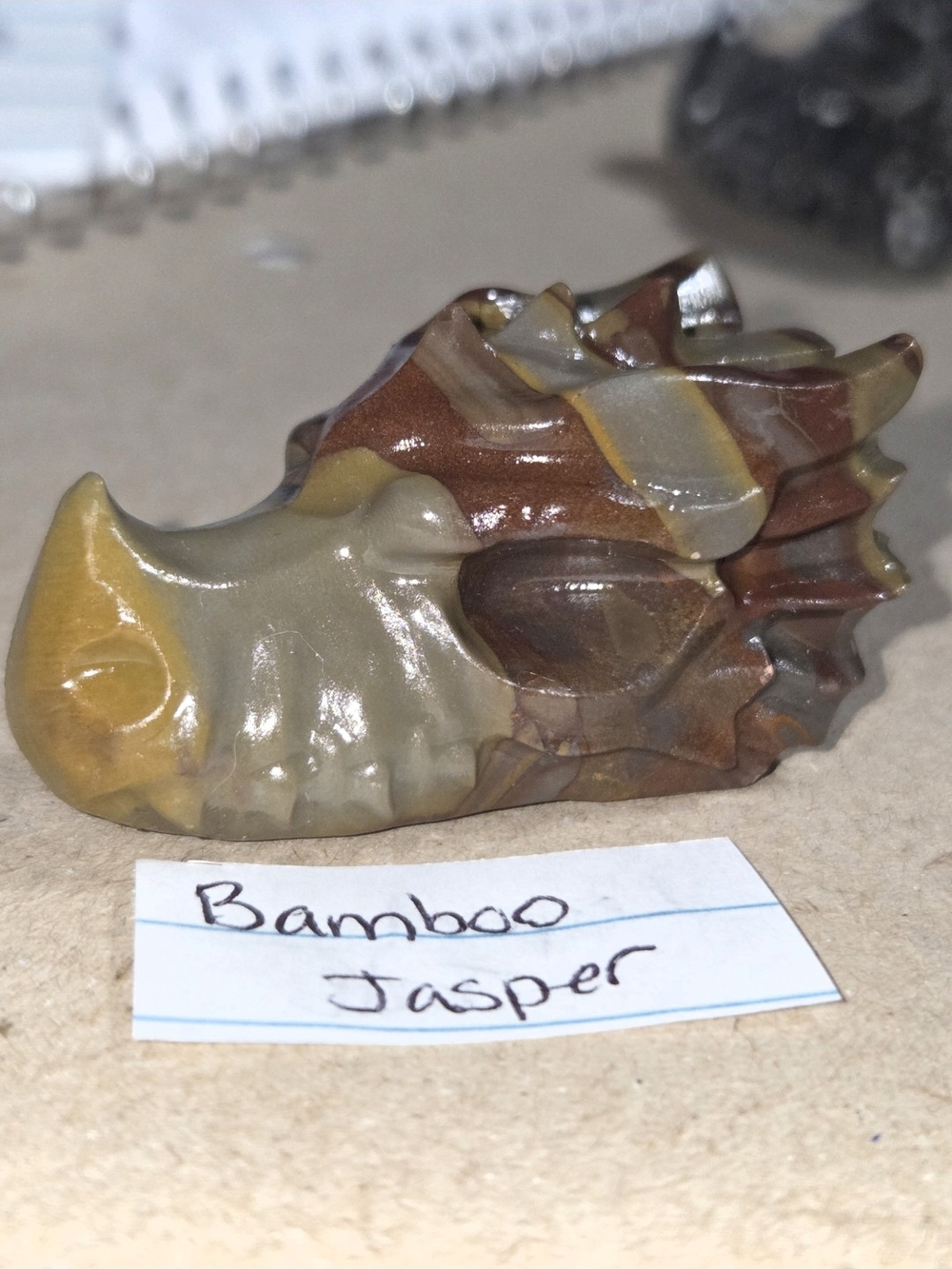 Detailed Bamboo Jasper Crystal Carved Dragon Head Stone Sculpture Decor